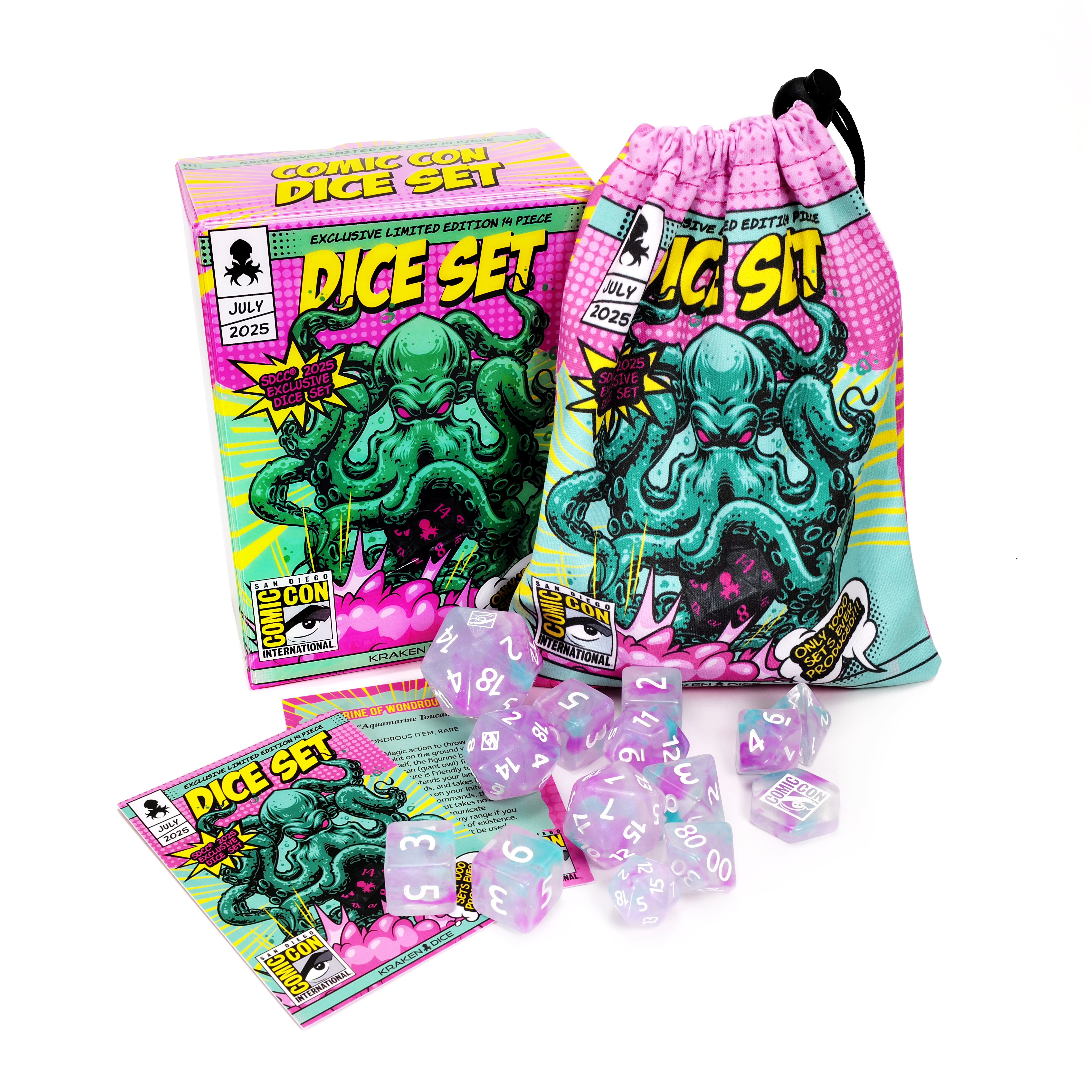 Dice set with packaging and drawstring bag featuring a cthulhu design on a white background